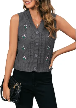 MakeMeChic Women's Floral Embroidery V Neck Button Down Cable Knit Sleeveless Crop Sweater Vest Top