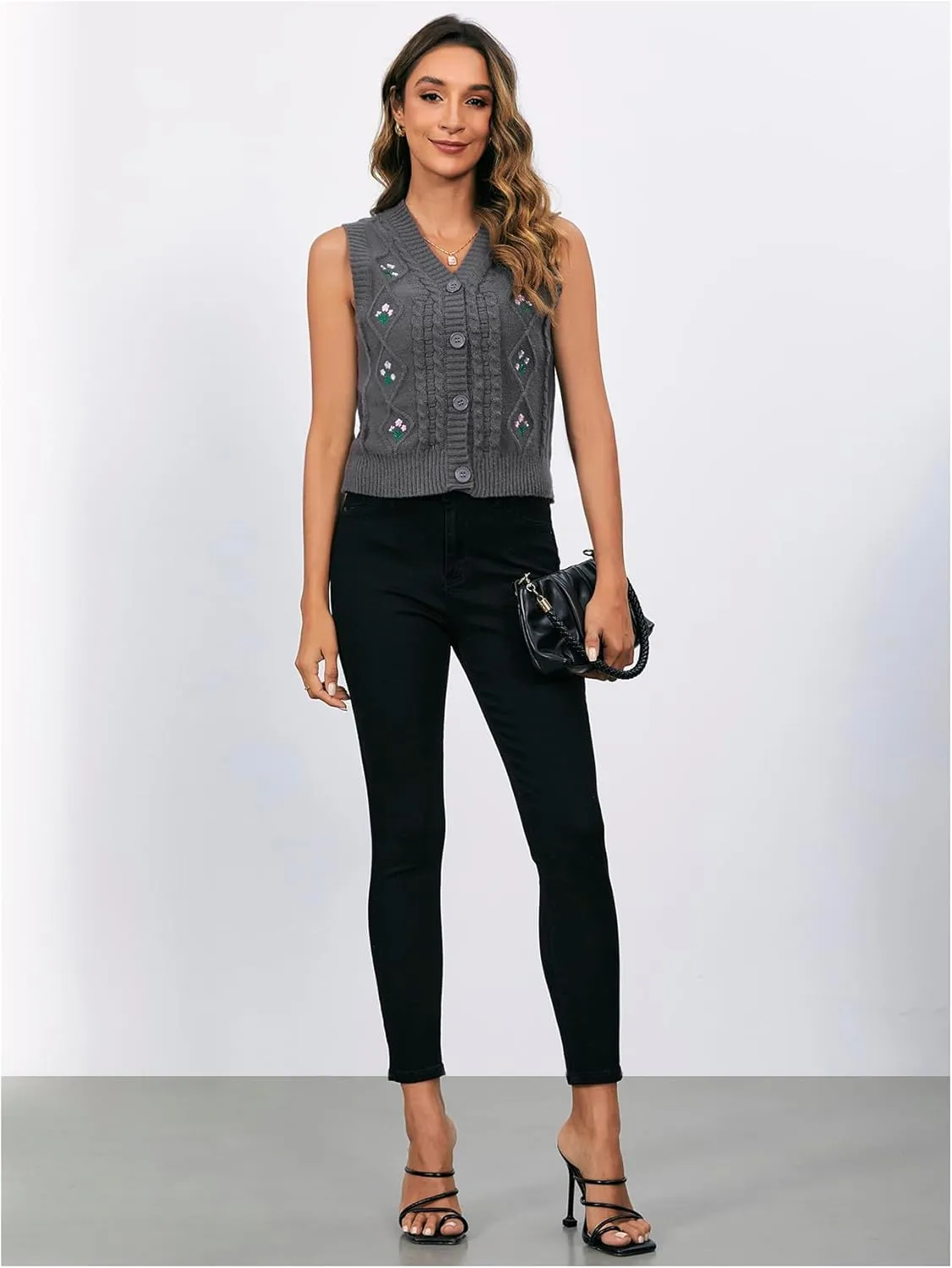 MakeMeChic Women's Floral Embroidery V Neck Button Down Cable Knit Sleeveless Crop Sweater Vest Top