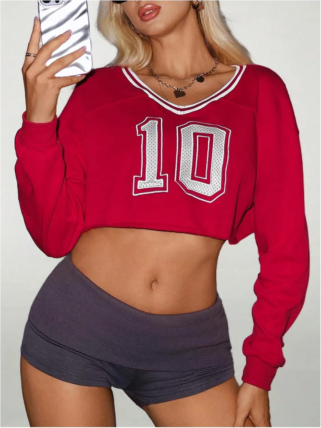 MakeMeChic Women's Letter Print Sweatshirt V Neck Long Sleeve Y2K Cropped Tops
