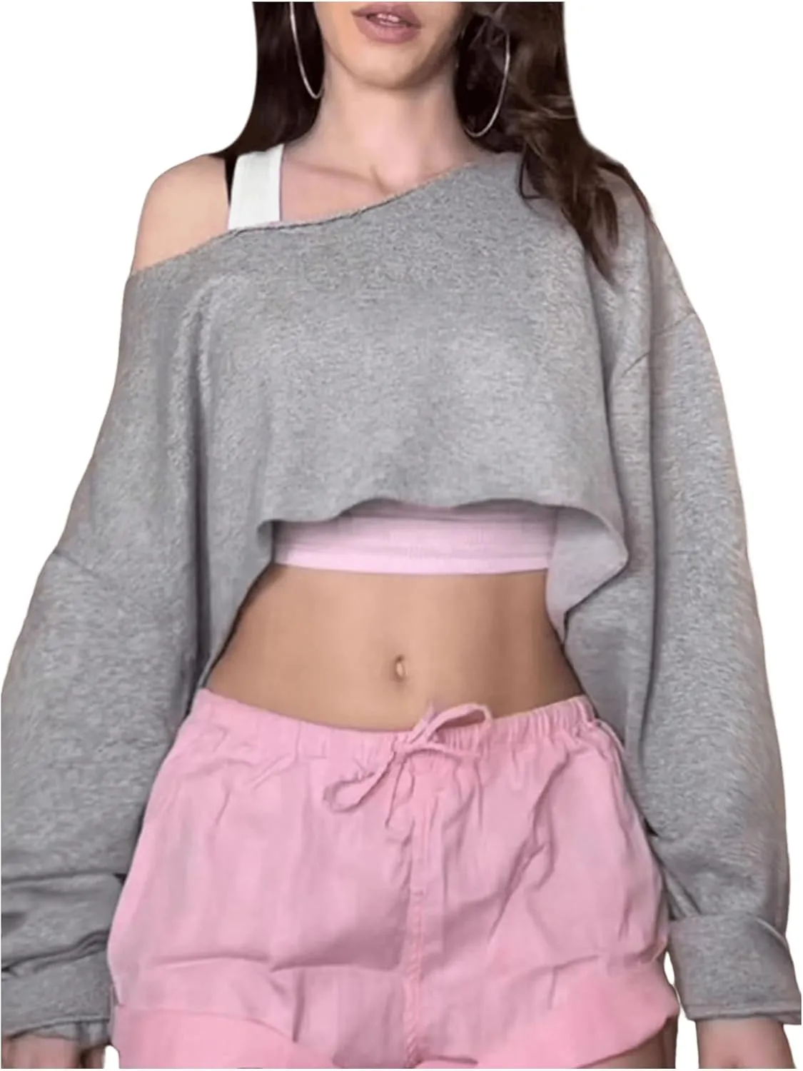 MakeMeChic Women's Off Shoulder Crop Tops Y2k Long Sleeve Drop Shoulder T Shirt Loose Sweatshirt
