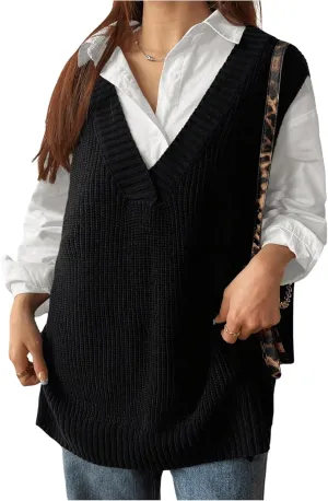 MakeMeChic Women's Plus Size Loose Sweater Vest V Neck Sleeveless Cable Knit Sweaters