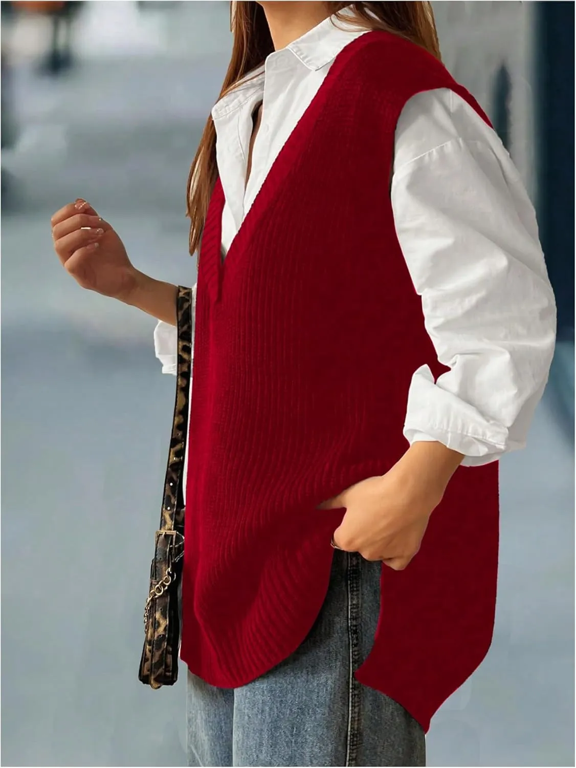 MakeMeChic Women's Plus Size Loose Sweater Vest V Neck Sleeveless Cable Knit Sweaters