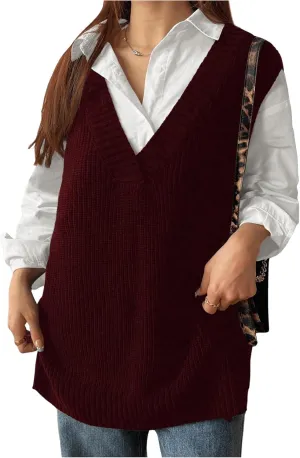 MakeMeChic Women's Plus Size Loose Sweater Vest V Neck Sleeveless Cable Knit Sweaters