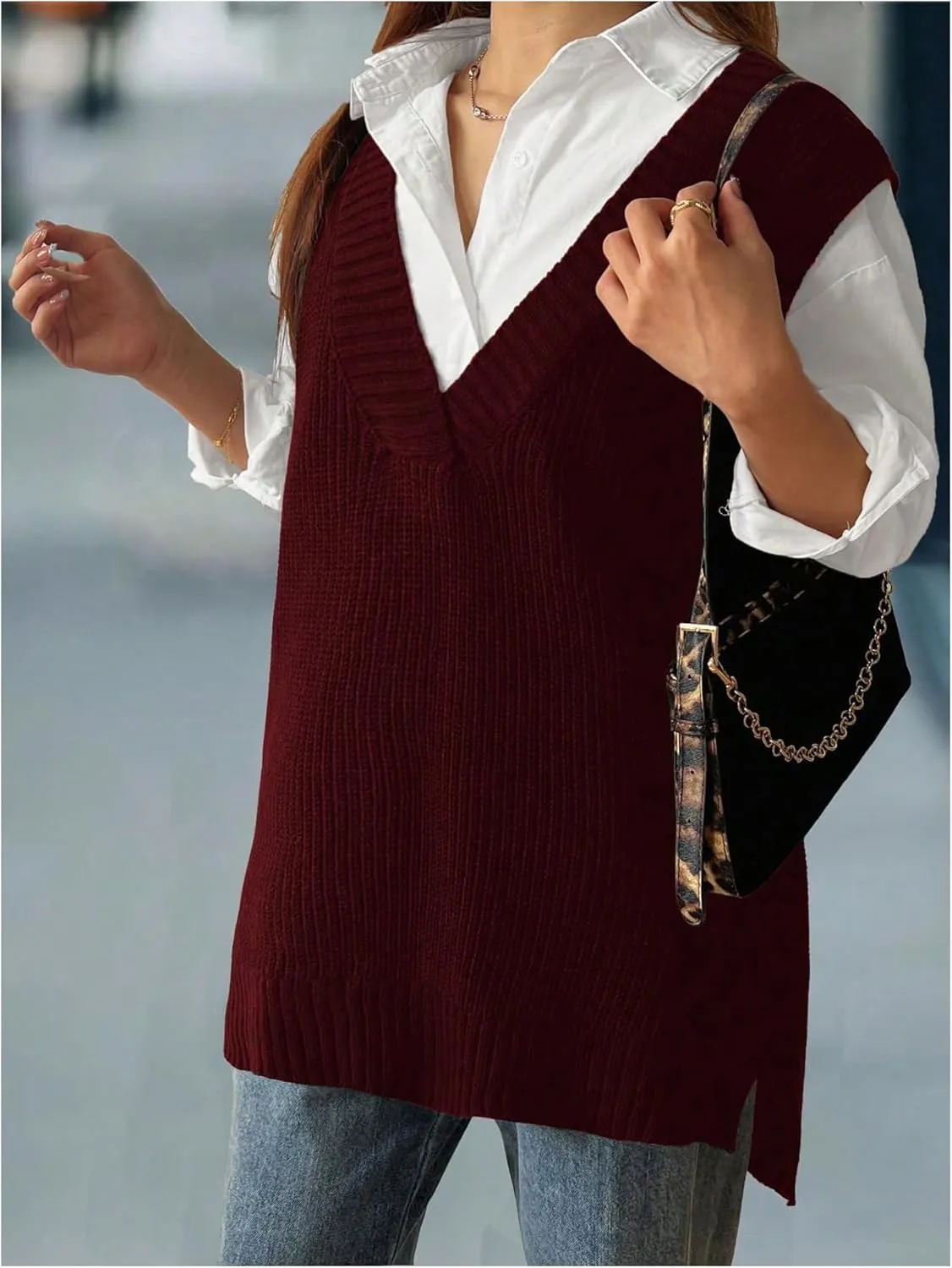 MakeMeChic Women's Plus Size Loose Sweater Vest V Neck Sleeveless Cable Knit Sweaters