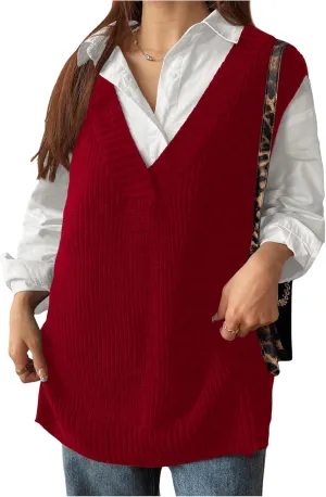 MakeMeChic Women's Plus Size Loose Sweater Vest V Neck Sleeveless Cable Knit Sweaters