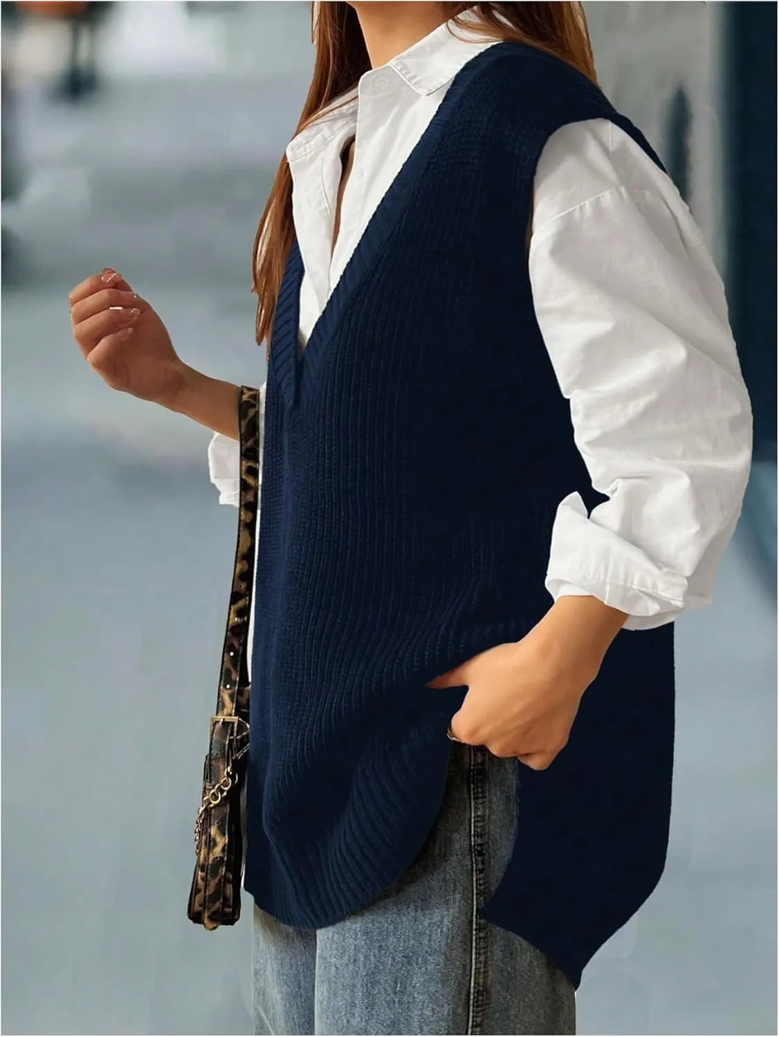 MakeMeChic Women's Plus Size Loose Sweater Vest V Neck Sleeveless Cable Knit Sweaters