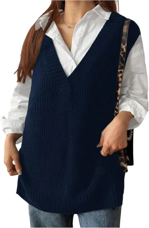 MakeMeChic Women's Plus Size Loose Sweater Vest V Neck Sleeveless Cable Knit Sweaters
