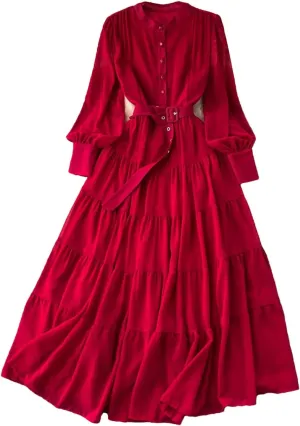 Maxi Dress for Women Stand Collar Lantern Sleeve Female Lace-Up A-Line High Waist Dresses