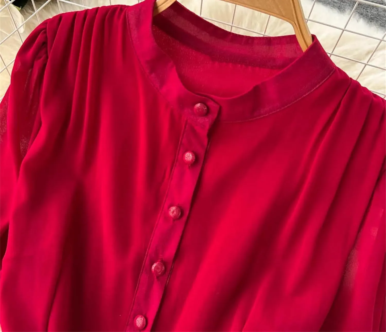 Maxi Dress for Women Stand Collar Lantern Sleeve Female Lace-Up A-Line High Waist Dresses