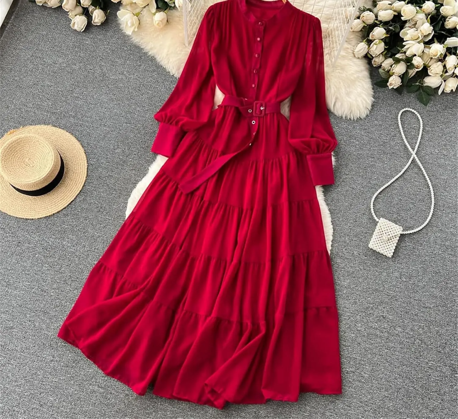 Maxi Dress for Women Stand Collar Lantern Sleeve Female Lace-Up A-Line High Waist Dresses