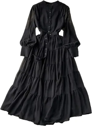 Maxi Dress for Women Stand Collar Lantern Sleeve Female Lace-Up A-Line High Waist Dresses