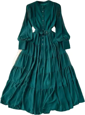Maxi Dress for Women Stand Collar Lantern Sleeve Female Lace-Up A-Line High Waist Dresses
