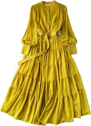 Maxi Dress for Women Stand Collar Lantern Sleeve Female Lace-Up A-Line High Waist Dresses