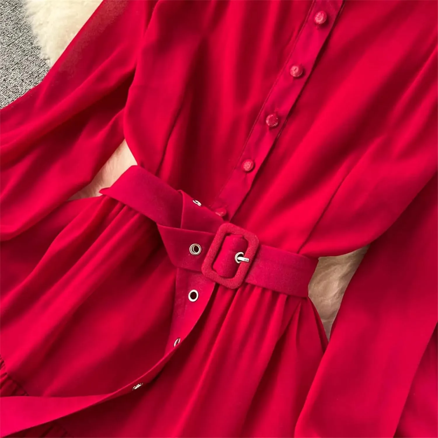 Maxi Dress for Women Stand Collar Lantern Sleeve Female Lace-Up A-Line High Waist Dresses