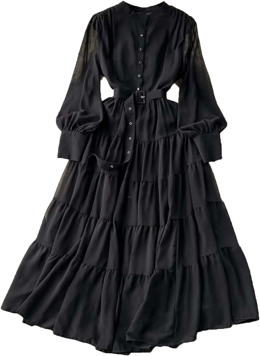 Maxi Dress for Women Stand Collar Lantern Sleeve Female Lace-Up A-Line High Waist Dresses