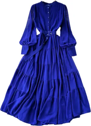 Maxi Dress for Women Stand Collar Lantern Sleeve Female Lace-Up A-Line High Waist Dresses