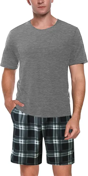 Mens Pajama Set Short Sleeve Solid T-Shirts and Cotton Plaid Shorts Outfit Summer Casual Soft Pajamas Set Pjs Loungewear