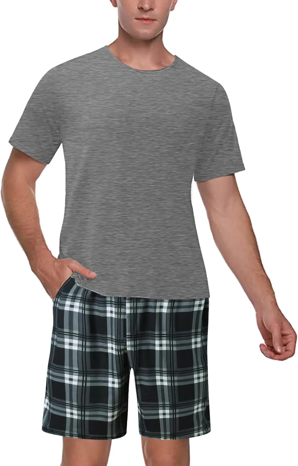 Mens Pajama Set Short Sleeve Solid T-Shirts and Cotton Plaid Shorts Outfit Summer Casual Soft Pajamas Set Pjs Loungewear