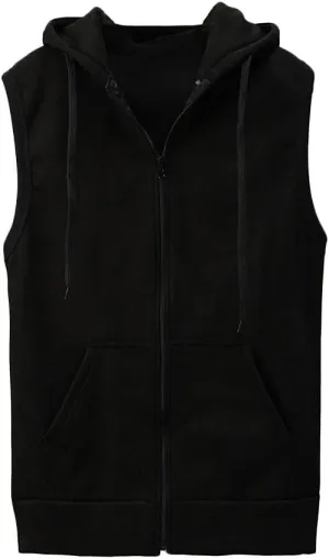 Men's Zip Up Sleeveless Hoodie Workout Cotton Fleece Cut Off Sweatshirt Pockets Drawstring Solid Sports T-Shirts