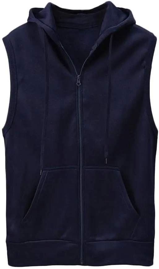 Men's Zip Up Sleeveless Hoodie Workout Cotton Fleece Cut Off Sweatshirt Pockets Drawstring Solid Sports T-Shirts
