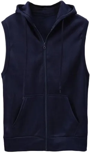 Men's Zip Up Sleeveless Hoodie Workout Cotton Fleece Cut Off Sweatshirt Pockets Drawstring Solid Sports T-Shirts