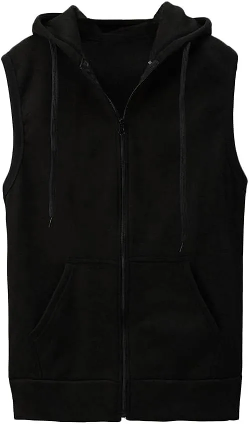 Men's Zip Up Sleeveless Hoodie Workout Cotton Fleece Cut Off Sweatshirt Pockets Drawstring Solid Sports T-Shirts