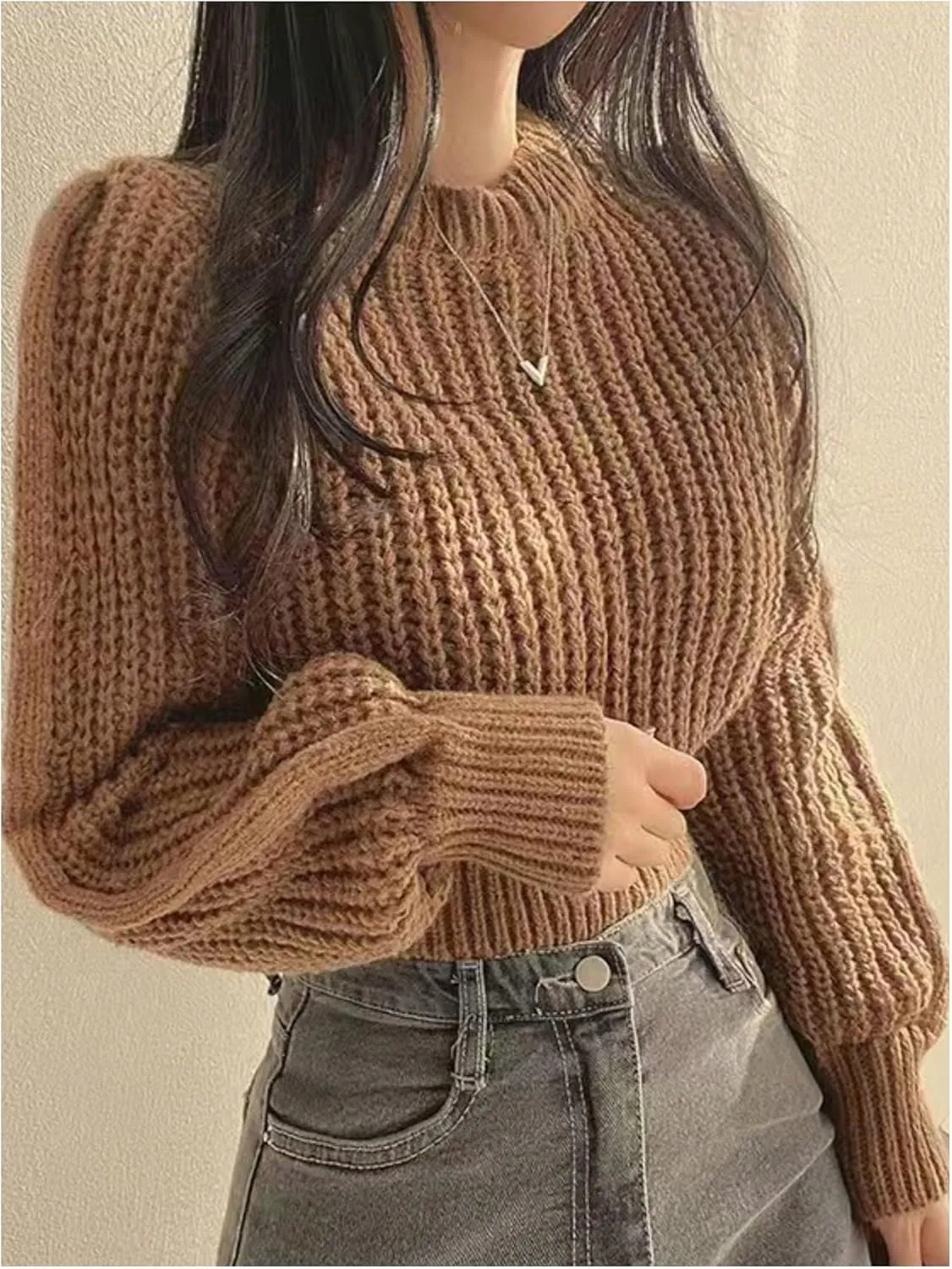 OYOANGLE Women's Cable Knit Long Sleeve Cropped Sweater Crewneck Tight Hem Sweaters Pullover Jumper Tops