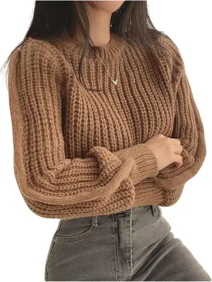 OYOANGLE Women's Cable Knit Long Sleeve Cropped Sweater Crewneck Tight Hem Sweaters Pullover Jumper Tops