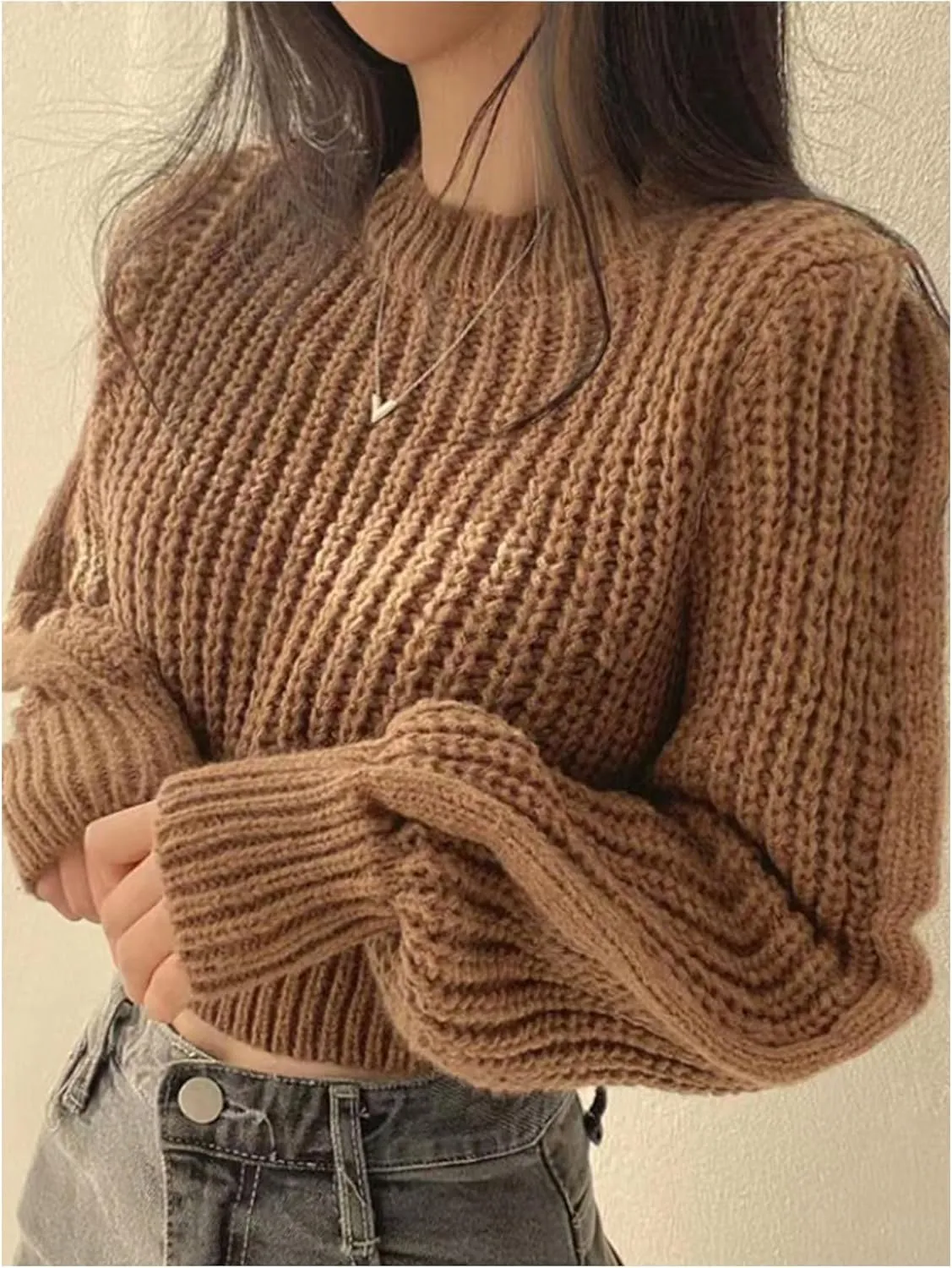 OYOANGLE Women's Cable Knit Long Sleeve Cropped Sweater Crewneck Tight Hem Sweaters Pullover Jumper Tops