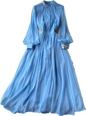 Pleated Big Swing Dress Stand Collar Lantern Long Sleeve Women Dresses