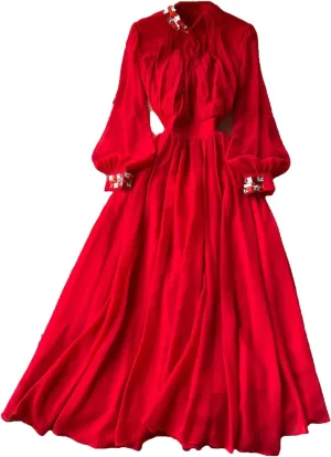 Pleated Big Swing Dress Stand Collar Lantern Long Sleeve Women Dresses