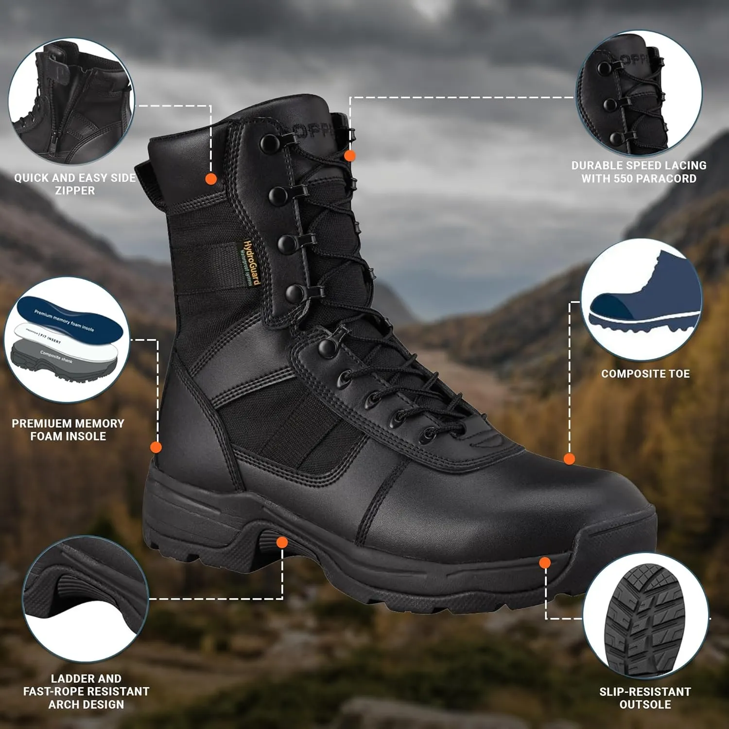 Propper Men's Series 100 8" Side Zip Boot Waterproof Comp Toe Military and Tactical