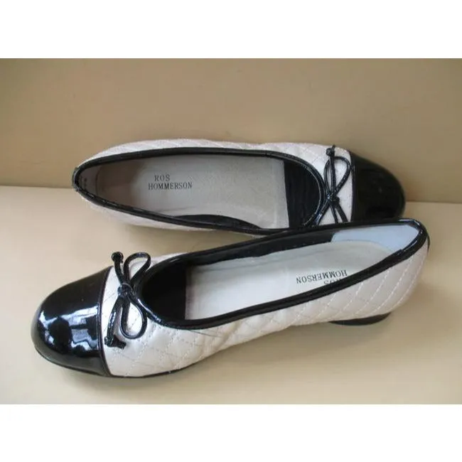 Ros Hommerson Cream Quilted Ballet Black Patent Accent Flats Size Us