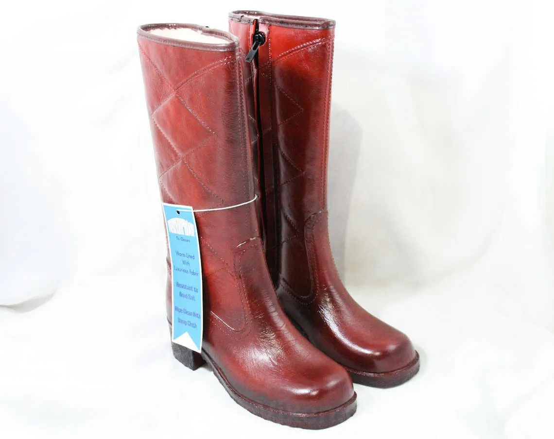 Size 5 Mod 60s Boots - Burnt Orange Waterproof Vinyl - 1960s Street Style - Diamond Pattern - Fleece Lined - Unworn - Deadstock - 43151-1