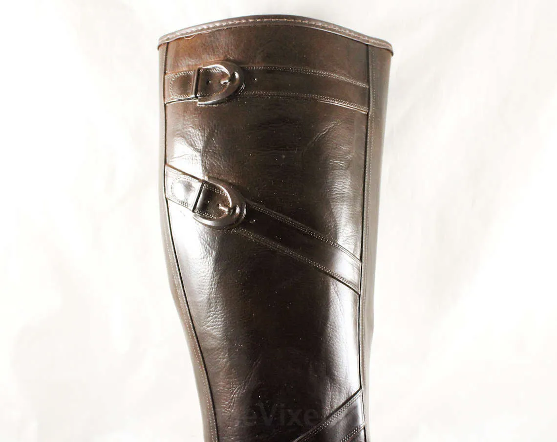 Size 6 Waterproof Boots with Trompe L'Oeil Faux Buckles - Unworn 60s Brown Water Proof Rubber 1960s Boot Fleece Lined Shoes - Deadstock
