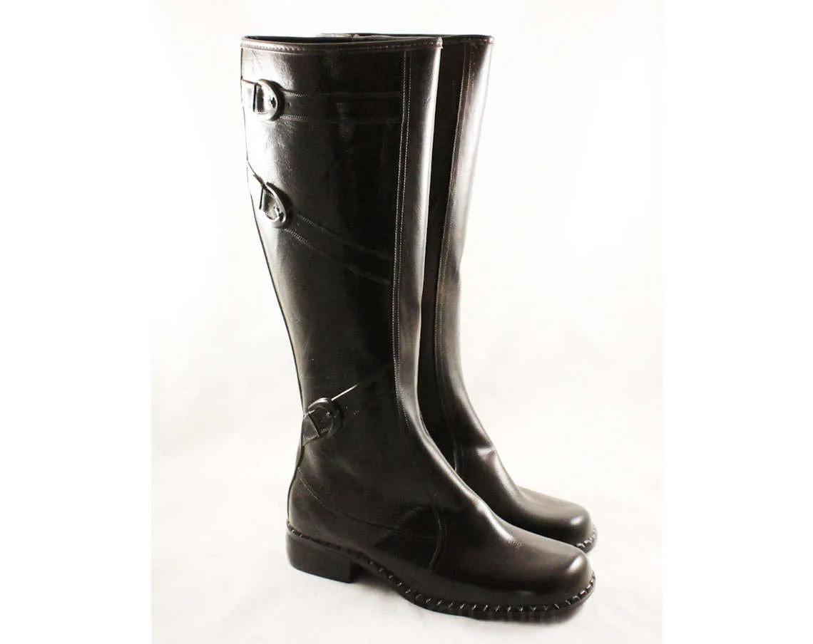 Size 6 Waterproof Boots with Trompe L'Oeil Faux Buckles - Unworn 60s Brown Water Proof Rubber 1960s Boot Fleece Lined Shoes - Deadstock