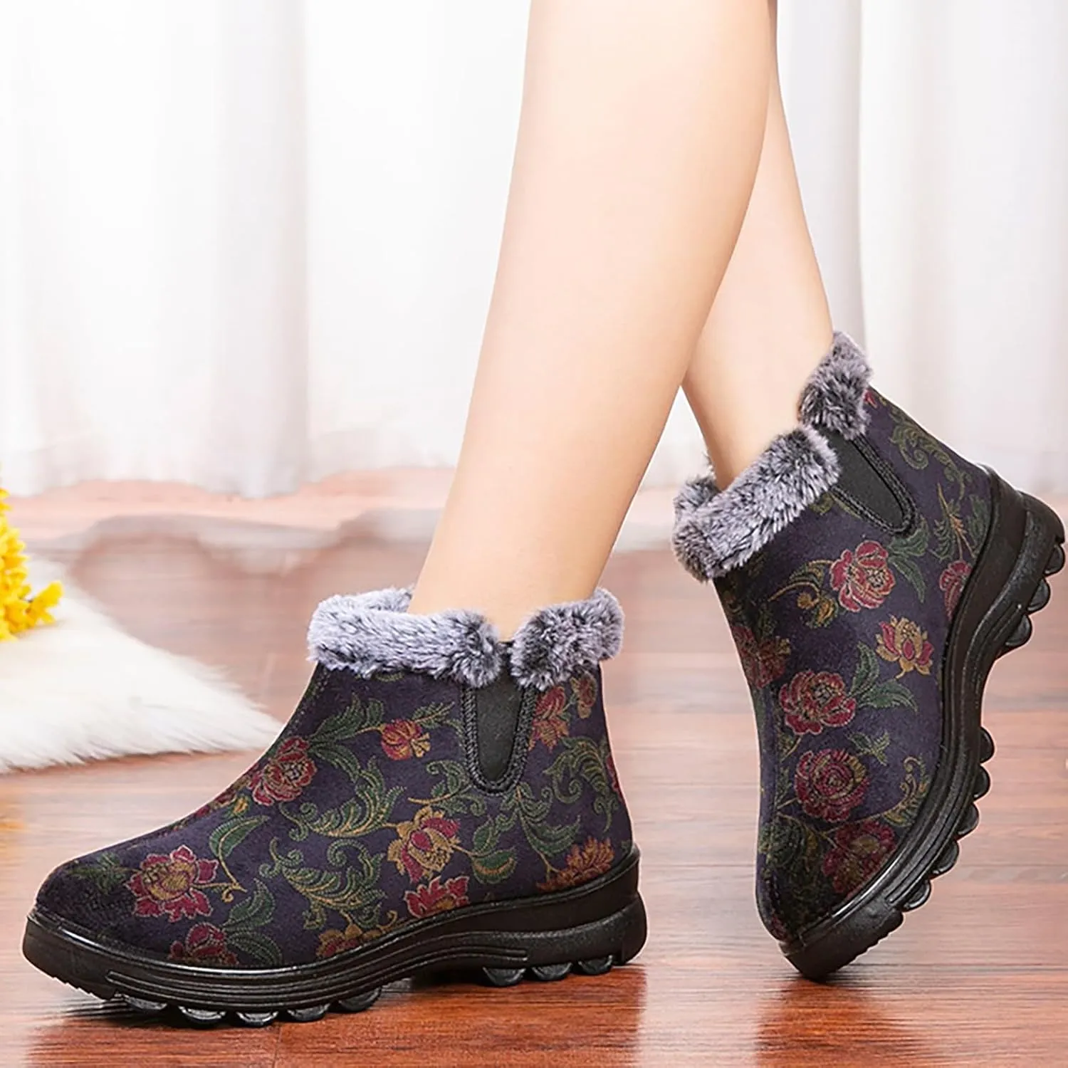 Snow Boot for Women Non-Slip Plush Lined Embroidery Ankle Booties Casual Shoes Winter Padded Warm Women's Boots