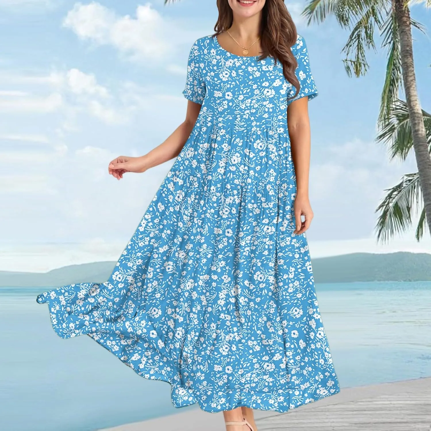 Spring Maxi Dresses for Women 2025, Vacation Flower Print Trendy Elegant Summer Boho Womens Sundresses