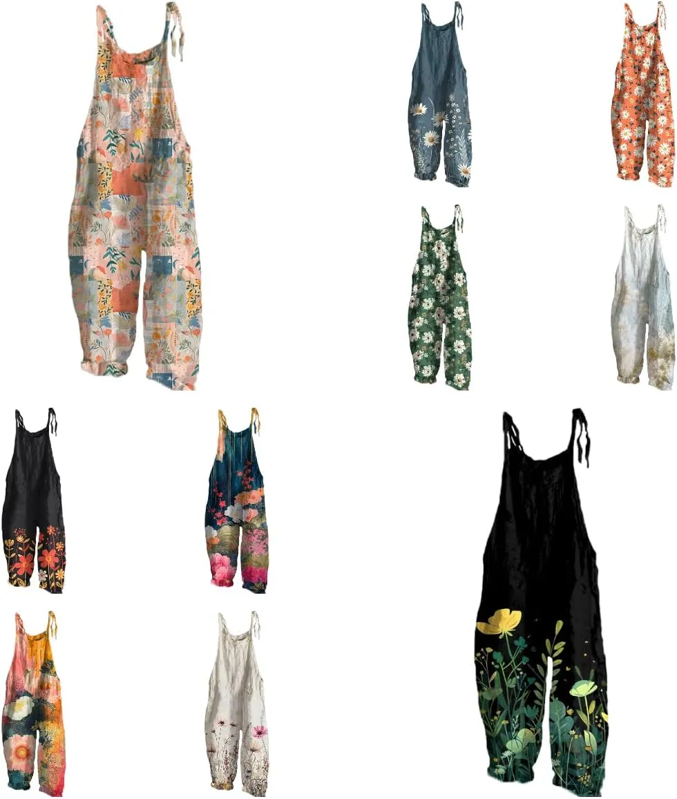 Summer Jumpsuits for Women 2024 Cotton Linen Wide Leg Plus Size Sleeveless Halter Floral Jumpsuits for Women