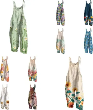 Summer Jumpsuits for Women 2024 Cotton Linen Wide Leg Plus Size Sleeveless Halter Floral Jumpsuits for Women