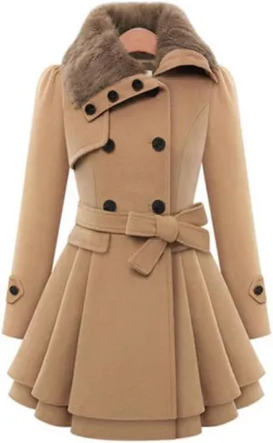 TIAFORD Women's Winter Double Breasted Faux Fur Lapel Wool Trench Coat A-Line Mid-Length Belted Peacoat Jacket