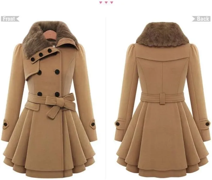 TIAFORD Women's Winter Double Breasted Faux Fur Lapel Wool Trench Coat A-Line Mid-Length Belted Peacoat Jacket