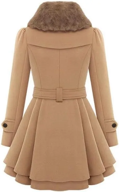 TIAFORD Women's Winter Double Breasted Faux Fur Lapel Wool Trench Coat A-Line Mid-Length Belted Peacoat Jacket
