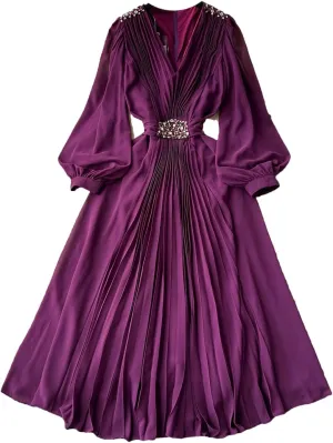 V Neck Pleated Dresses for Women Lantern Sleeve Robe Femme Vintage Slim Waist Dress