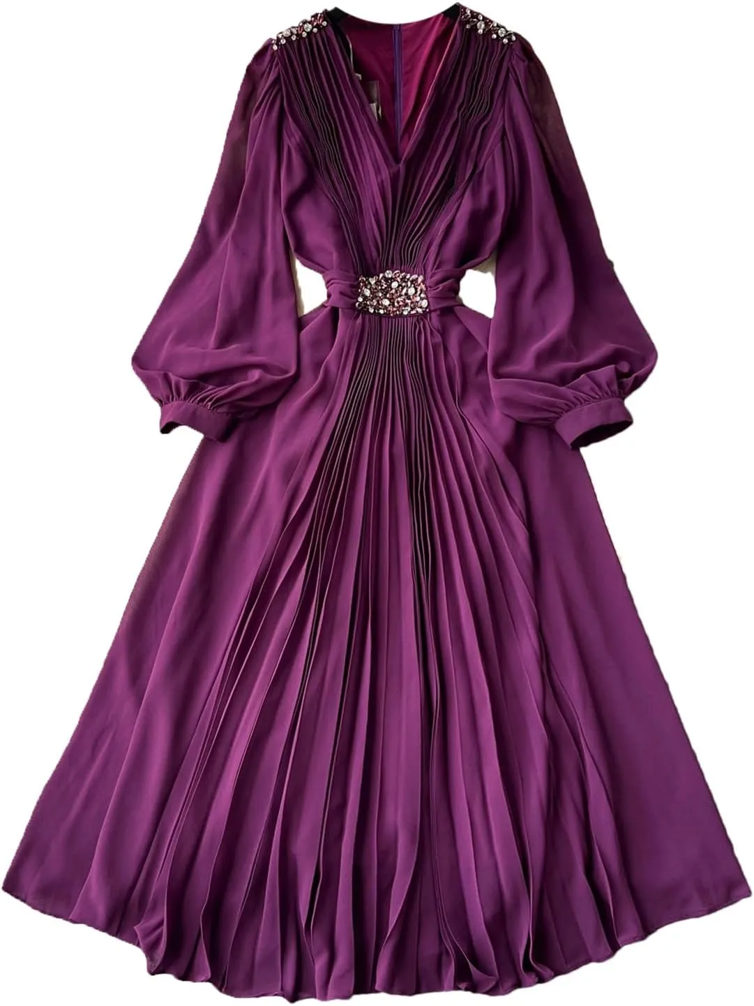 V Neck Pleated Dresses for Women Lantern Sleeve Robe Femme Vintage Slim Waist Dress