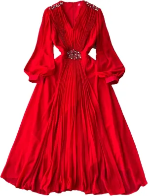 V Neck Pleated Dresses for Women Lantern Sleeve Robe Femme Vintage Slim Waist Dress