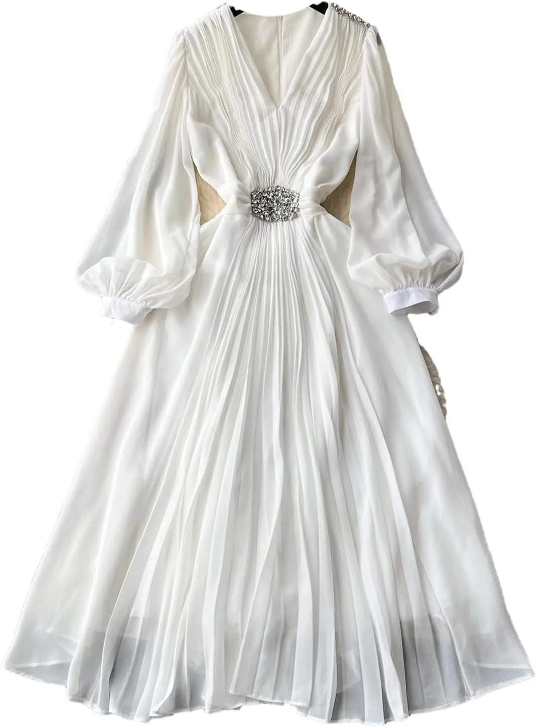 V Neck Pleated Dresses for Women Lantern Sleeve Robe Femme Vintage Slim Waist Dress