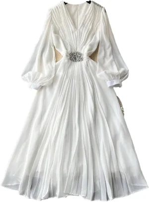 V Neck Pleated Dresses for Women Lantern Sleeve Robe Femme Vintage Slim Waist Dress