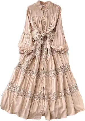 Vintage Korean Women Stand Neck Lantern Sleeve Elegant Spliced Single Breasted Lace Slim Dress