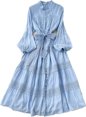 Vintage Korean Women Stand Neck Lantern Sleeve Elegant Spliced Single Breasted Lace Slim Dress